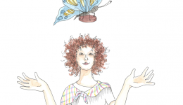 Illustration of girl with butterfly over her head