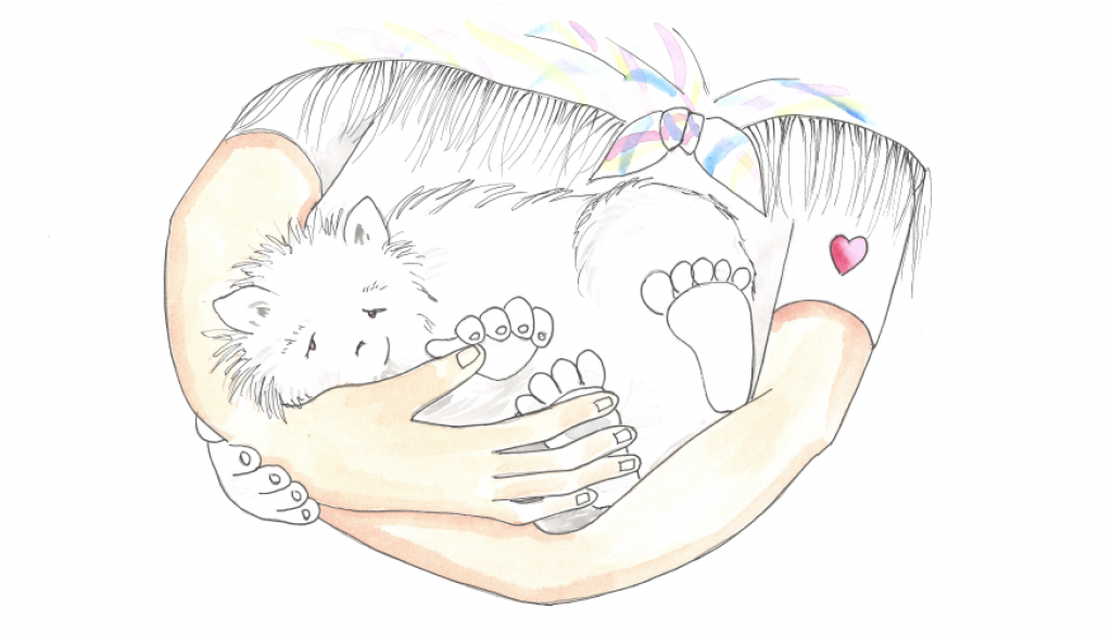 Illustration of small creature nestled in a girl's arms
